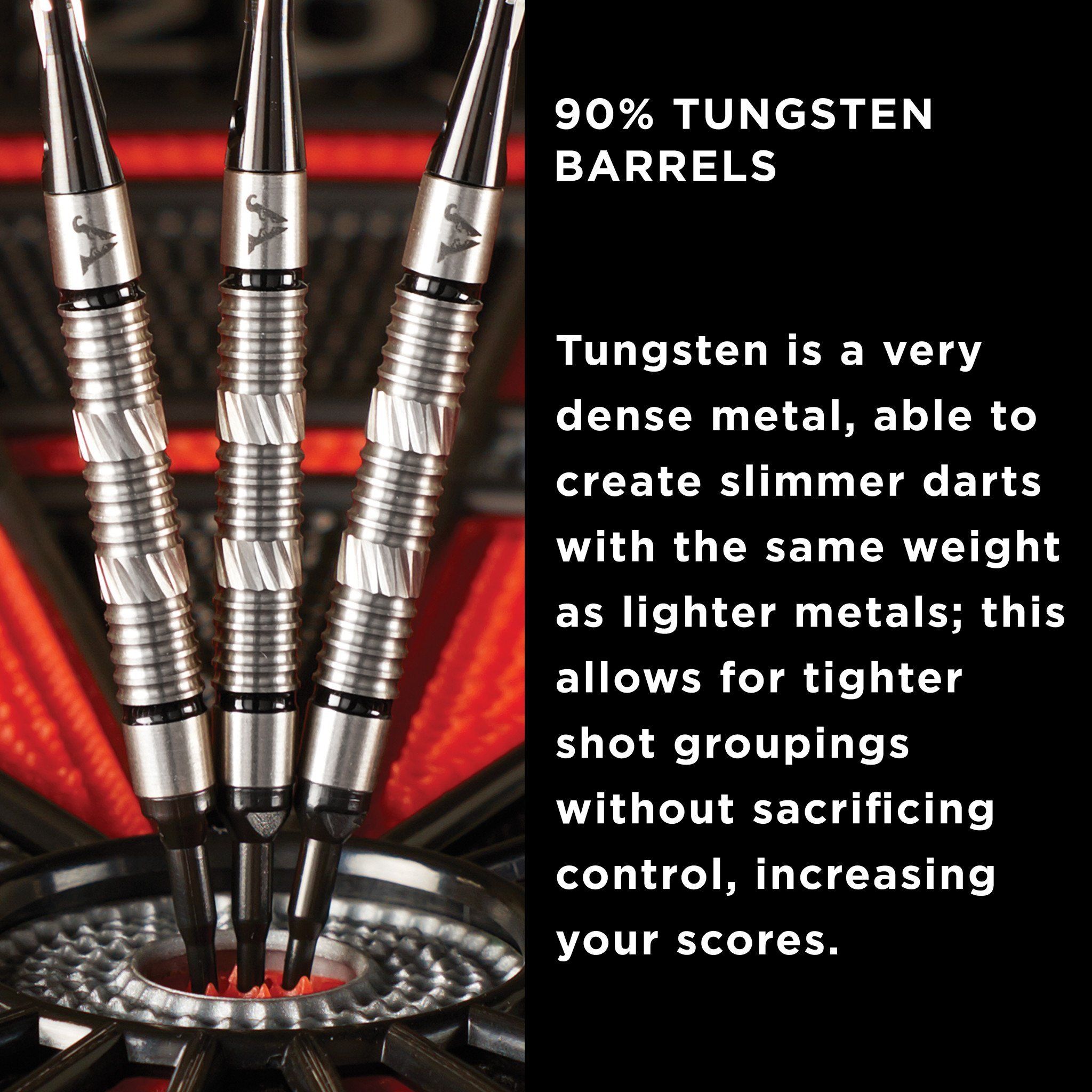 Three silver tungsten darts with grooved barrels and black flights displayed in a dartboard with red lighting
