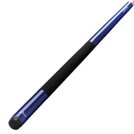 Blue and black billiards cue stick with silver accent stripe and black rubber grip in center