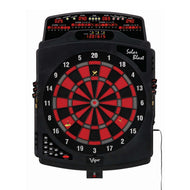 Electronic dartboard with red and black segments and digital scoreboard displaying player scores at top