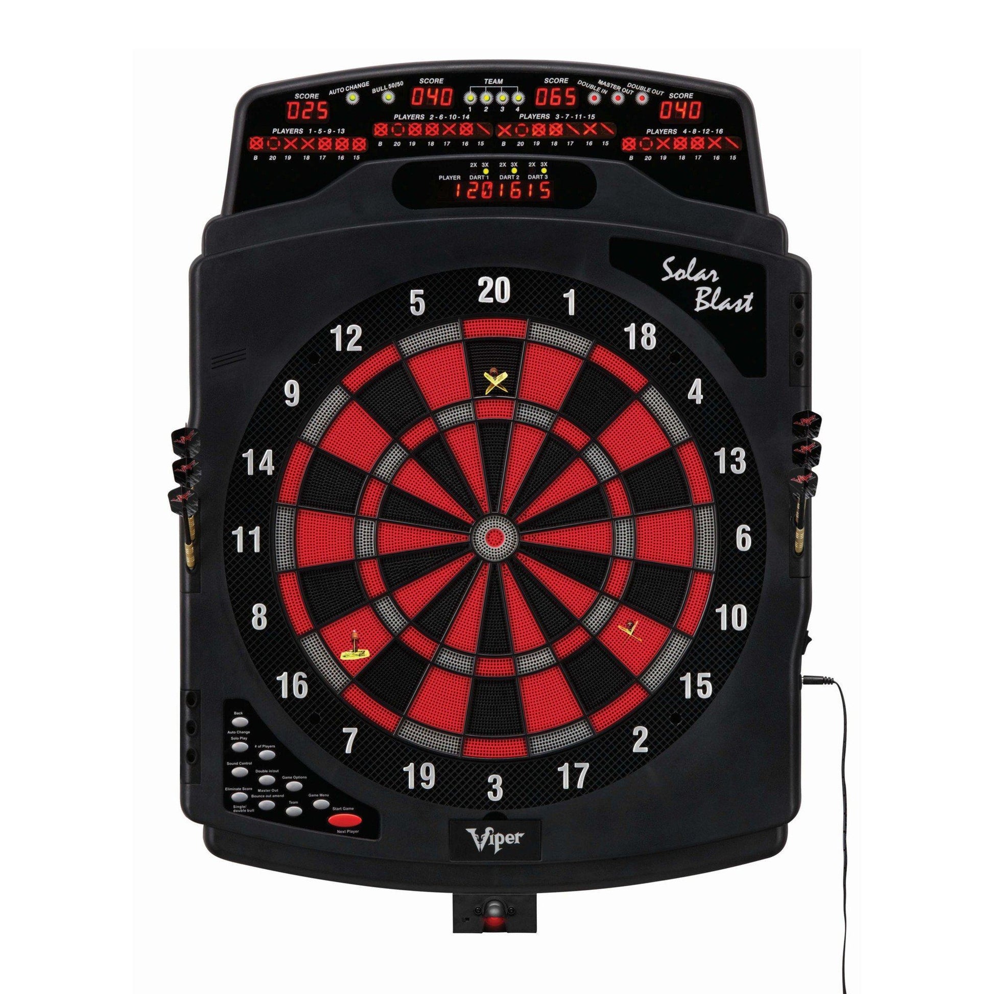 Electronic dartboard with red and black segments and digital scoreboard displaying player scores at top