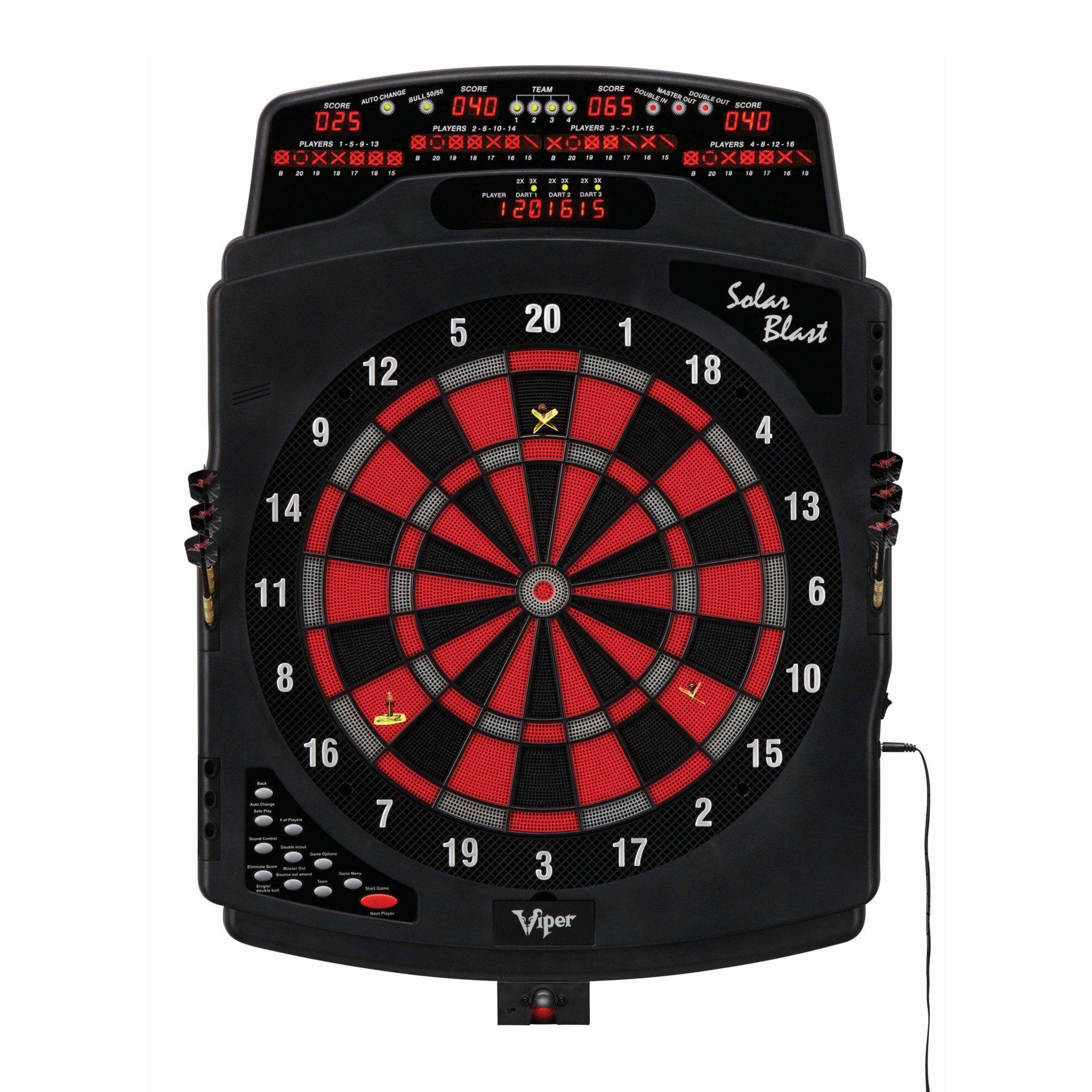 Electronic dartboard with red and black segments and digital scoreboard displaying player scores at top