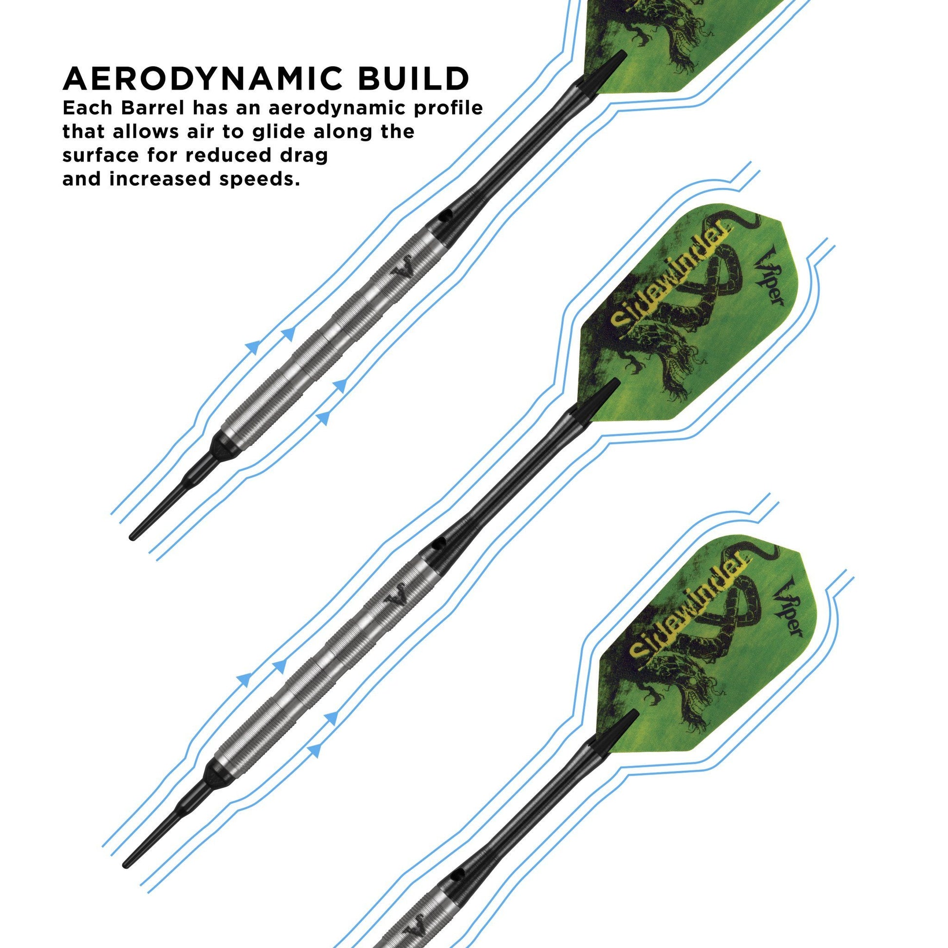 Three darts with black barrels and green flights showing aerodynamic airflow lines