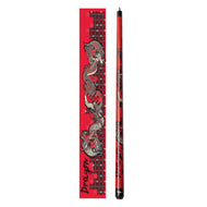 Red billiard cue stick with black dragon and ornamental pattern design, shown with matching red packaging box