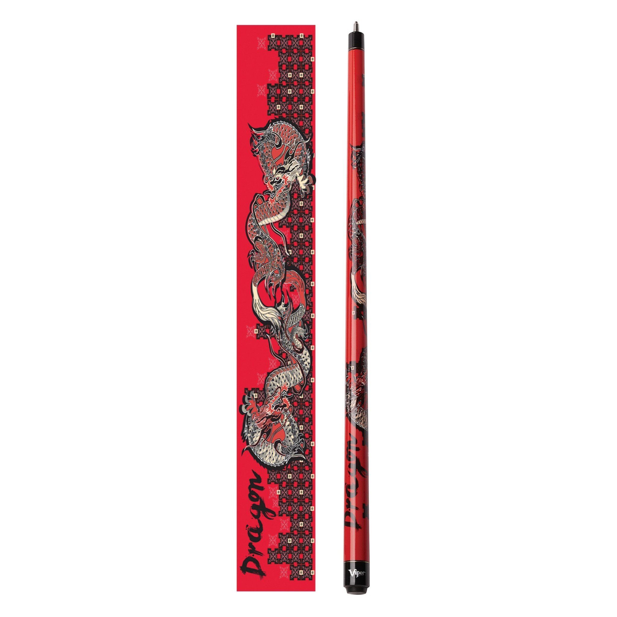 Red billiard cue stick with black dragon and ornamental pattern design, shown with matching red packaging box
