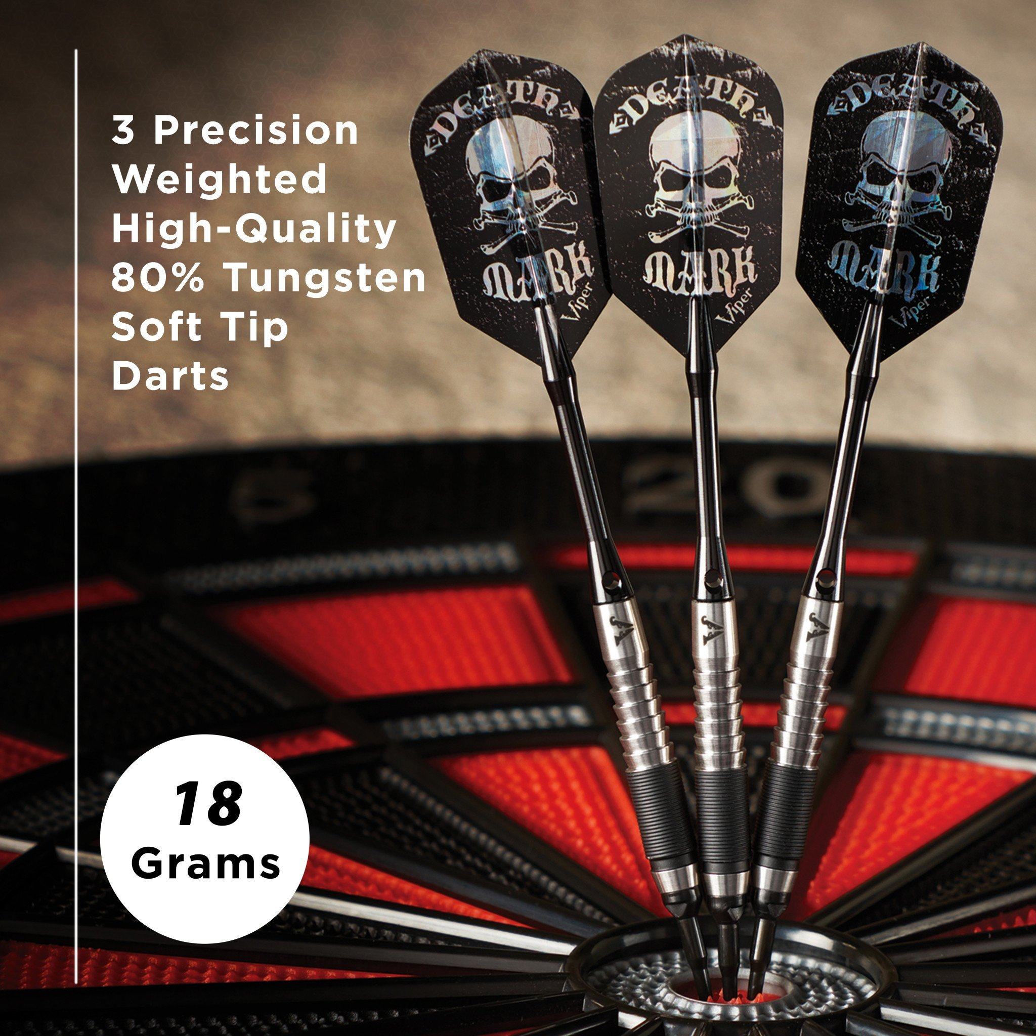 Three black darts with skull design in dartboard stand, 18 grams