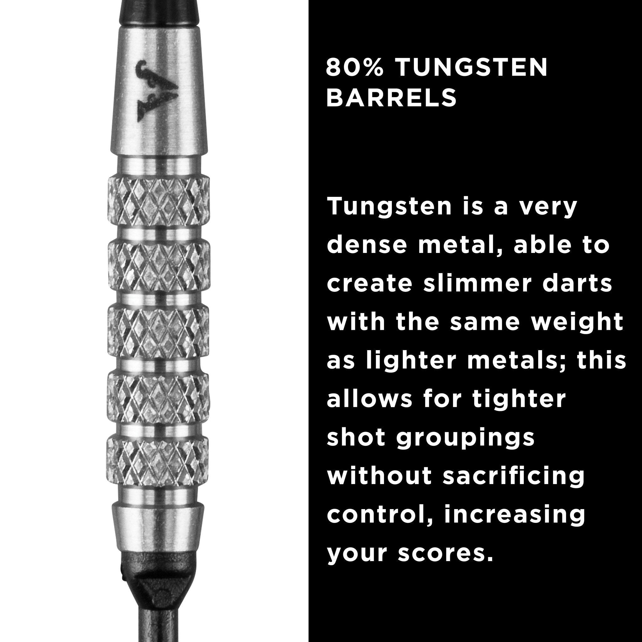Silver tungsten dart with knurled grip rings and black flight