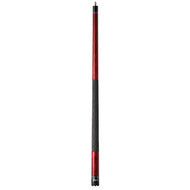 Billiards cue stick with red shaft, black mesh-pattern grip, and black ferrule and end cap