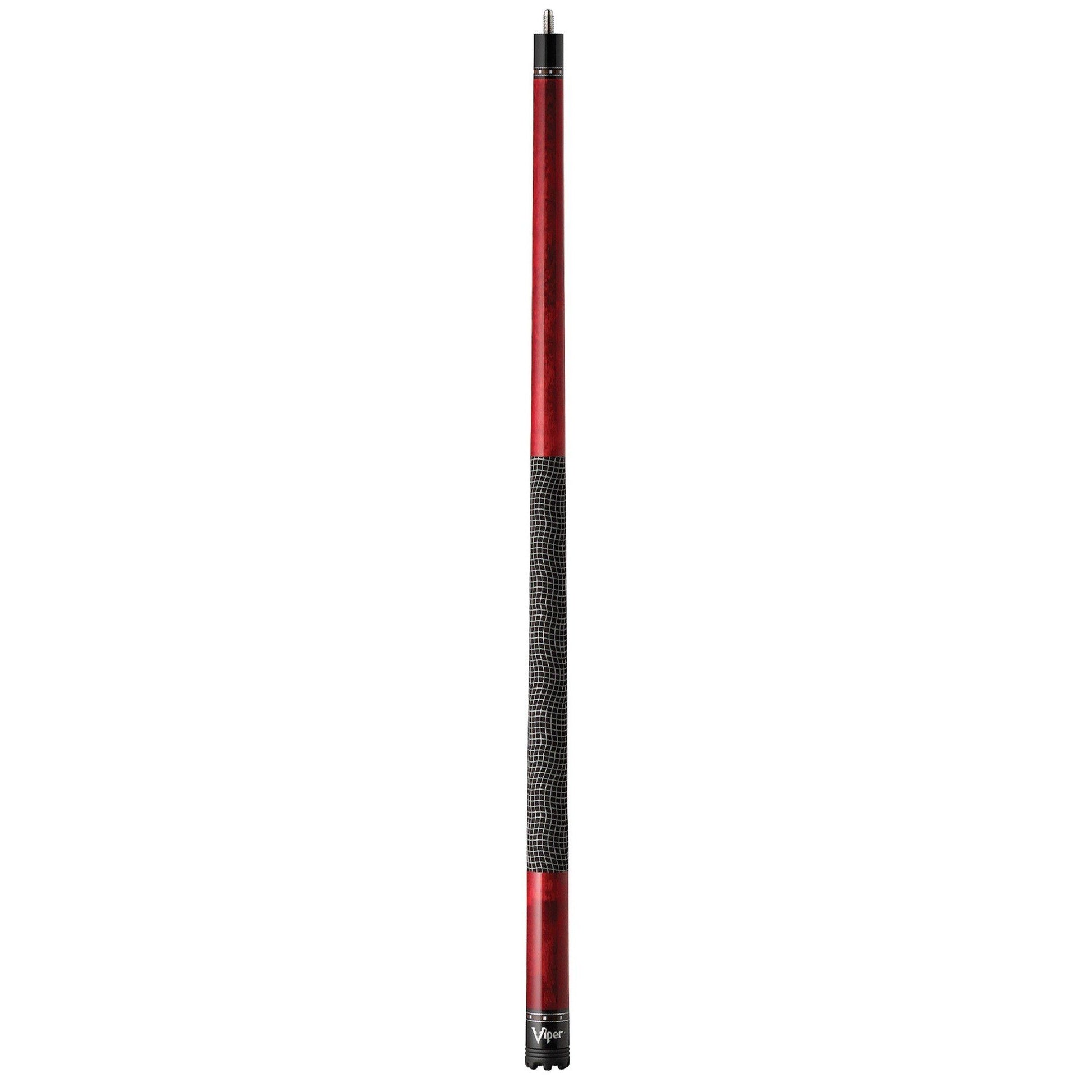 Billiards cue stick with red shaft, black mesh-pattern grip, and black ferrule and end cap