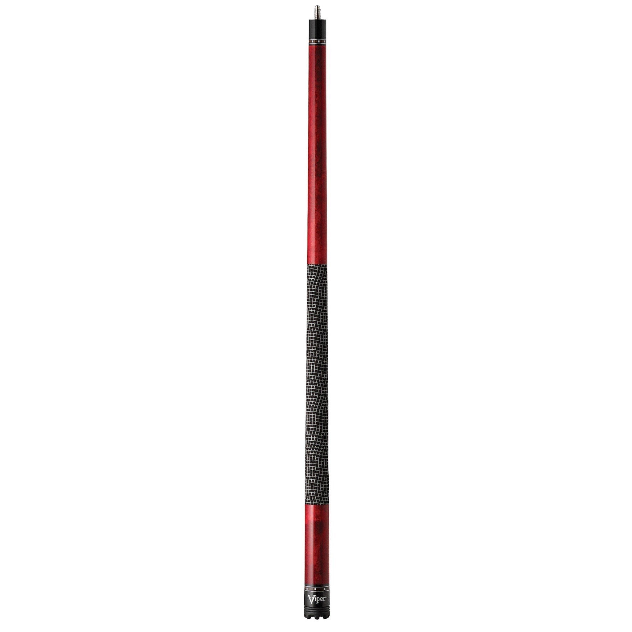 Billiards cue stick with red shaft, black mesh-pattern grip, and black ferrule and end cap