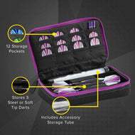 Open dart case with magenta zipper displaying purple darts in 12 storage pockets and accessory tube