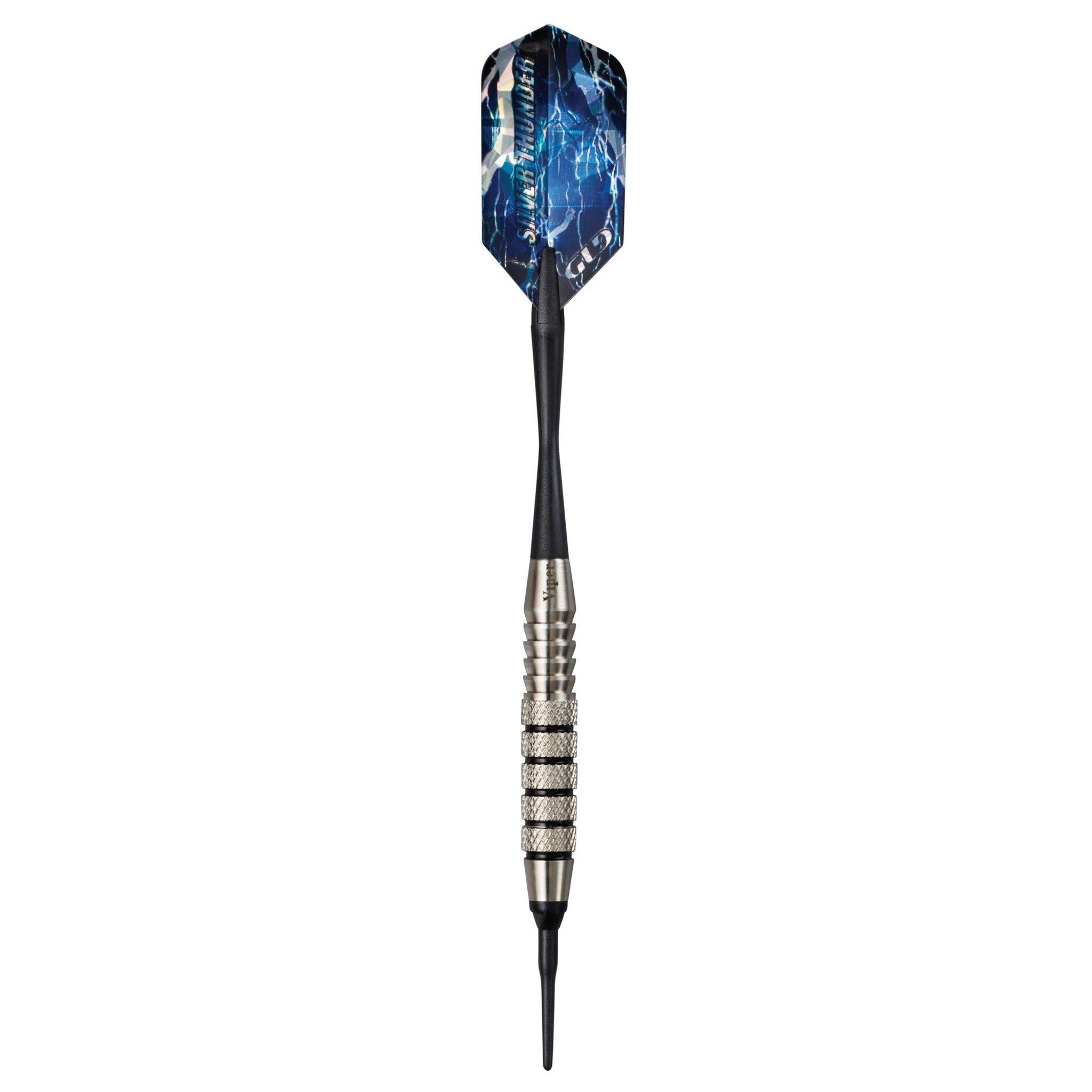 Dart with blue and white patterned flight, black shaft, metal knurled grip, and pointed tip