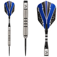 Three darts with blue and black flights and silver textured barrels