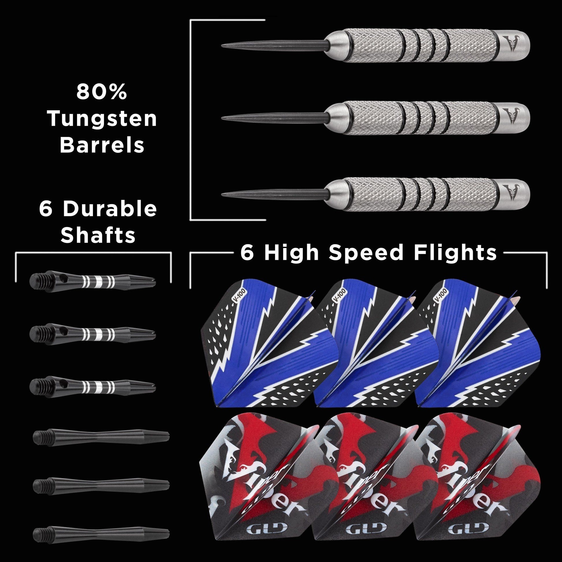 Infographic showing three darts, six shafts, and six flights with 80% tungsten barrel specification