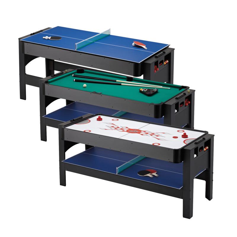 Black Fat Cat 3-in-1 multi-game table with stacked blue, green, and white playing surfaces and paddles