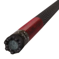 Cue stick with black shaft, red wrapped section, and black bumper end