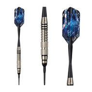 Three darts with silver metal barrels and black flights printed with blue lightning pattern