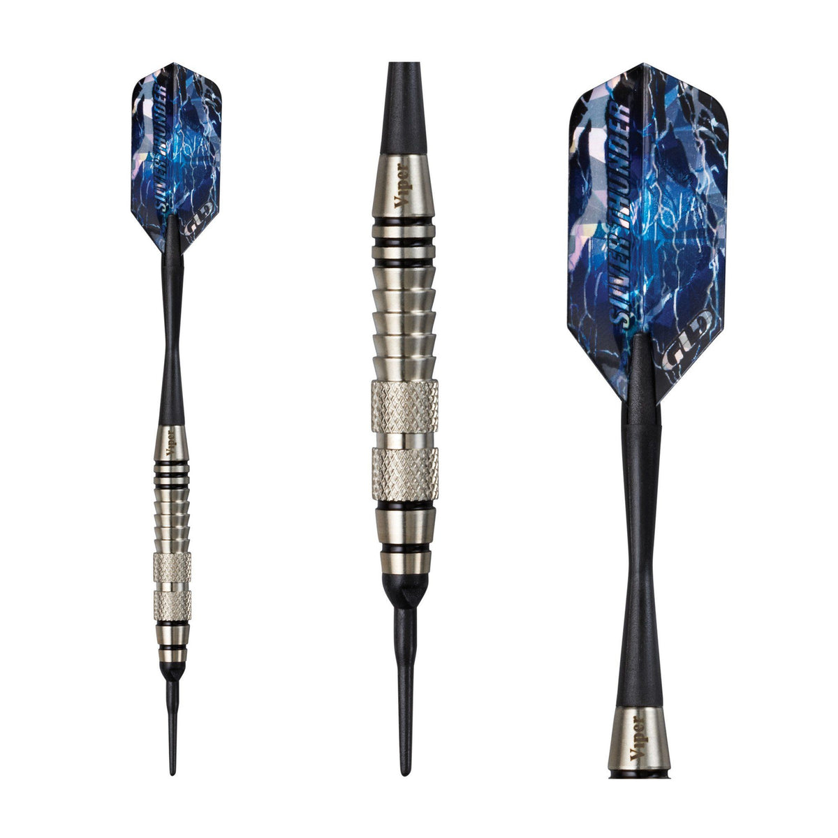Three darts with silver metal barrels and black flights printed with blue lightning pattern
