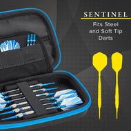 Black dart case with blue trim containing blue and white darts, plus two yellow flight darts shown separately