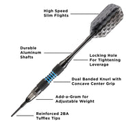 Black dart with blue grip rings and patterned flight shown with labeled component diagram