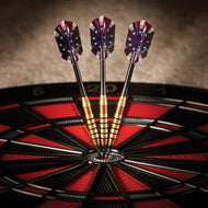 Three darts with burgundy and white flights in dartboard bullseye