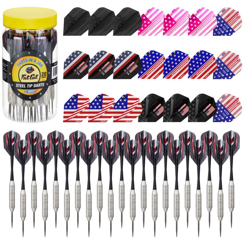 Fat Cat 21 Darts in a Jar Steel Tip 19 Grams with Patriot Dart Flights