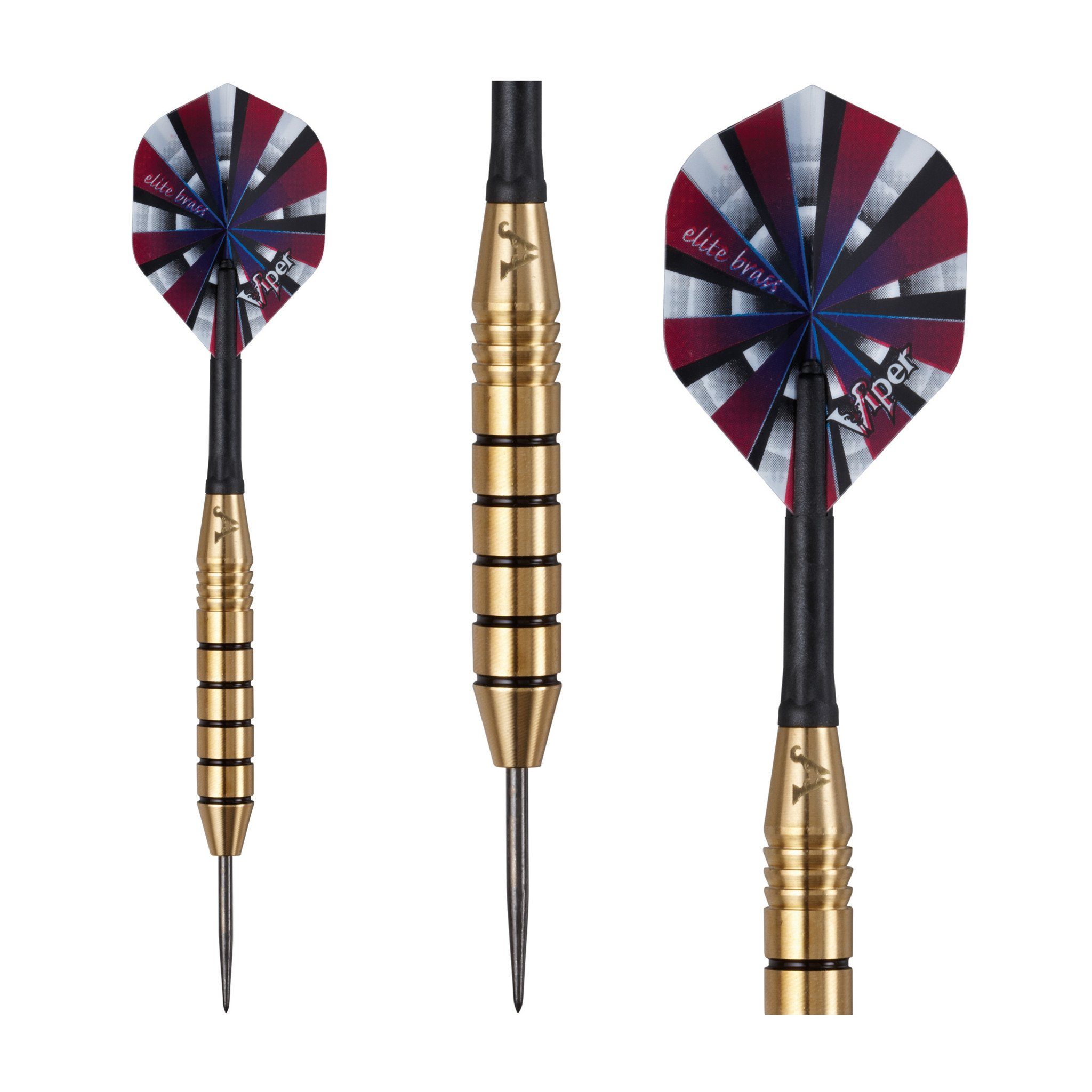 Three darts with burgundy, white, and black flights, brass barrels with black grooves, and steel tips