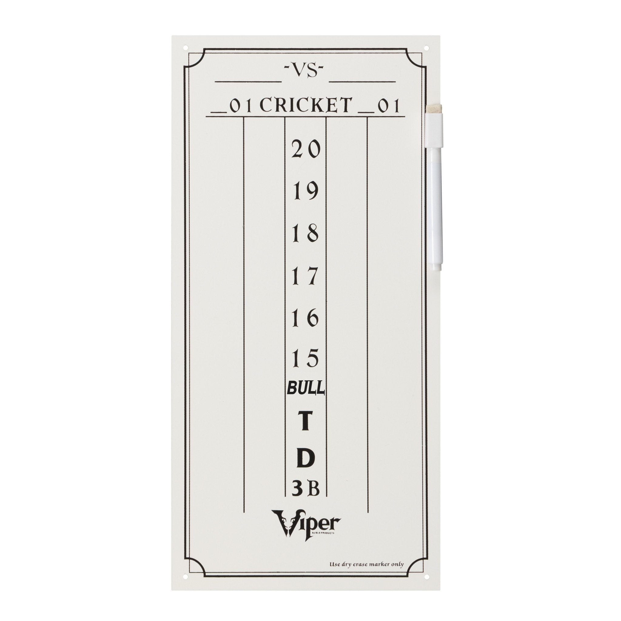 Vertical cricket scoreboard with numbered rows 20 to 15, bull, T, D, 3B sections