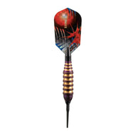 Single dart with red and black flight, black shaft, and purple and gold wrapped grip