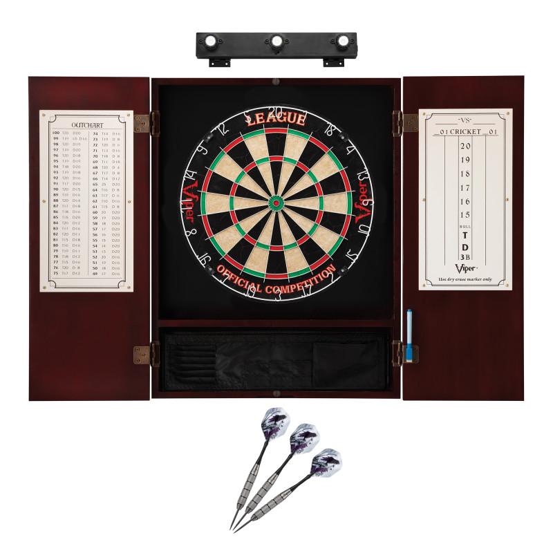 Viper League Sisal Dartboard, Metropolitan Mahogany Cabinet, Underground The Raven Steel Tip Darts & Shadow Buster Dartboard Lights Darts Viper 