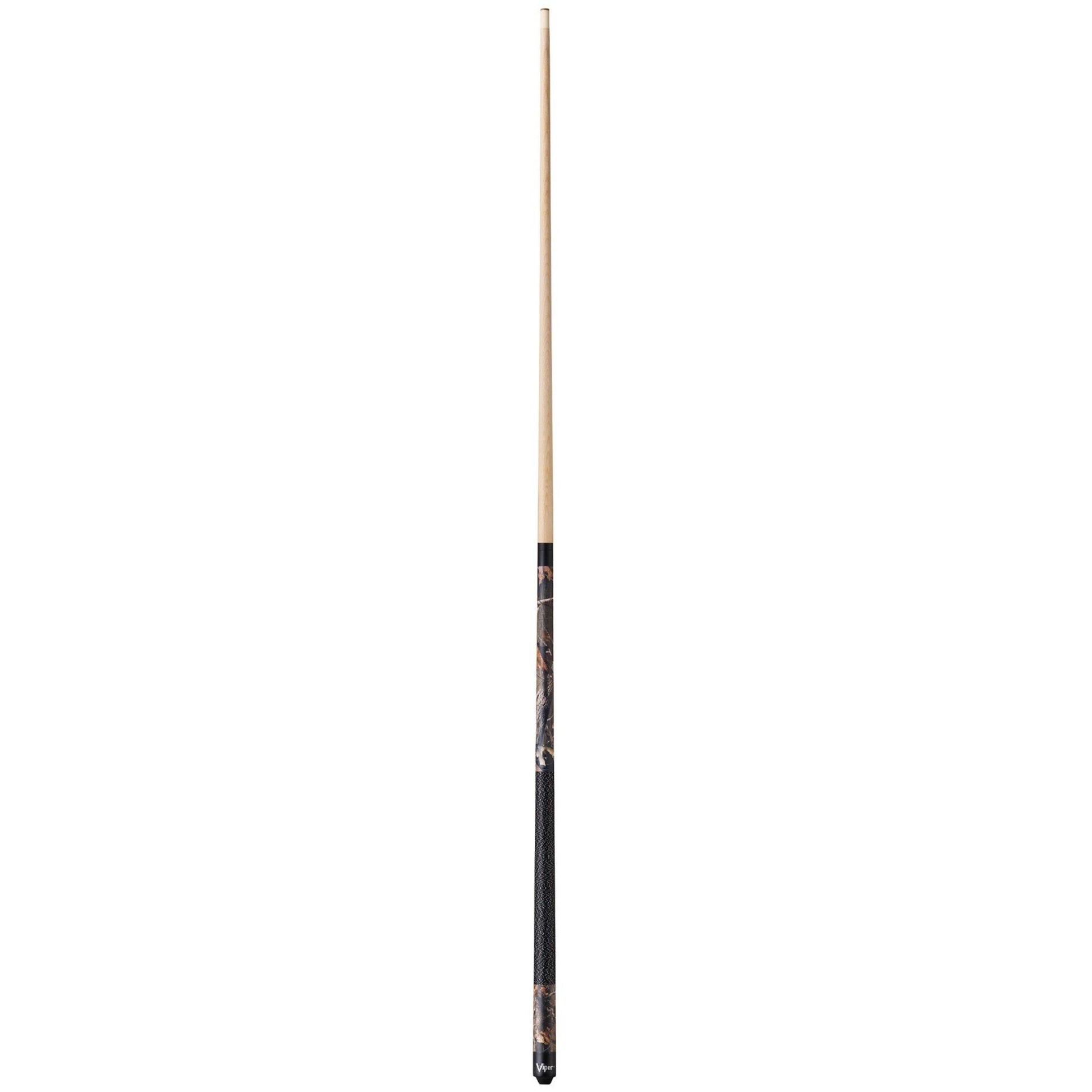 Billiards cue stick with light wood shaft and black grip wrap featuring camouflage pattern design