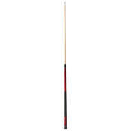 Billiard cue with light wood shaft, red wrap, black textured grip section, and metal ferrule at base