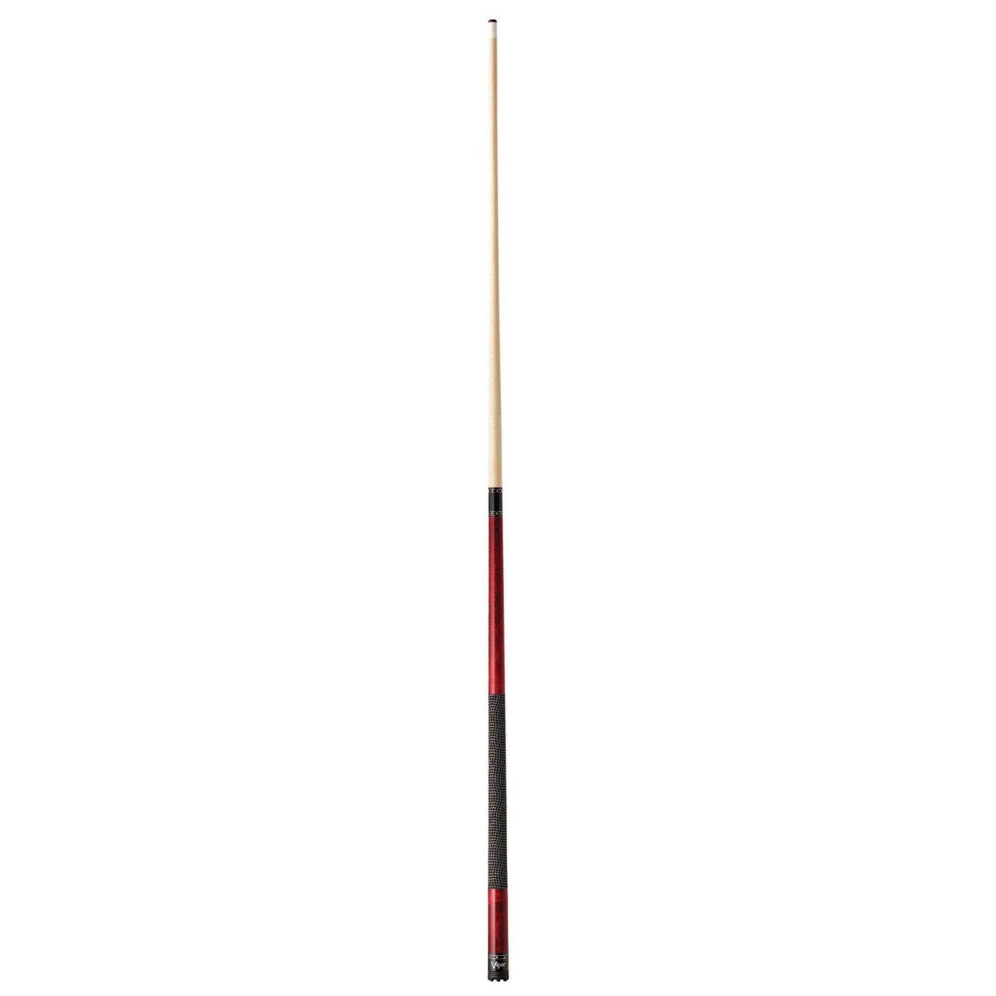 Billiard cue with light wood shaft, red wrap, black textured grip section, and metal ferrule at base