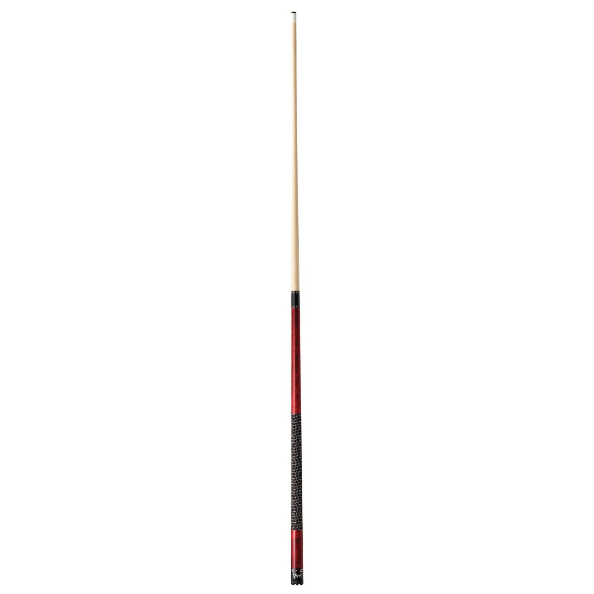 Billiard cue with light wood shaft, red wrap, black textured grip section, and metal ferrule at base