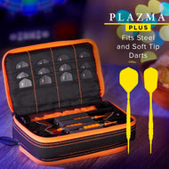 Orange and black dart case with multiple compartments holding darts and two yellow soft-tip darts beside it