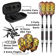 Three darts with yellow and red patterned flights, black case, extra tips, wrench, and replacement flights