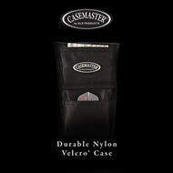 Black nylon dart case with Casemaster logo, front pockets, and open top showing contents