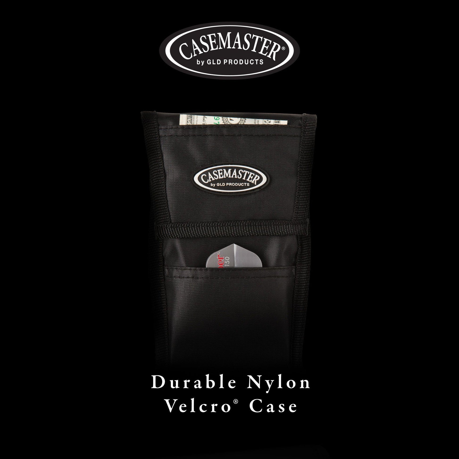 Black nylon dart case with Casemaster logo, front pockets, and open top showing contents
