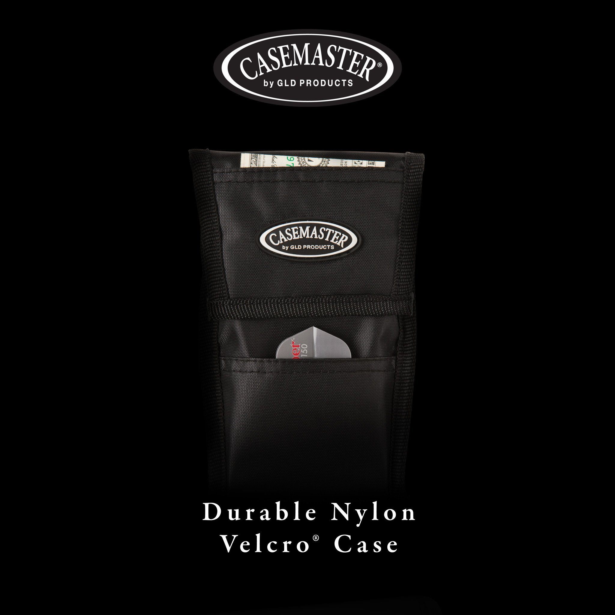 Black nylon dart case with Casemaster logo, front pockets, and open top showing contents