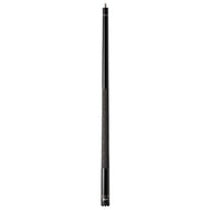 Black cue stick with textured grip in middle section and chrome rings near base