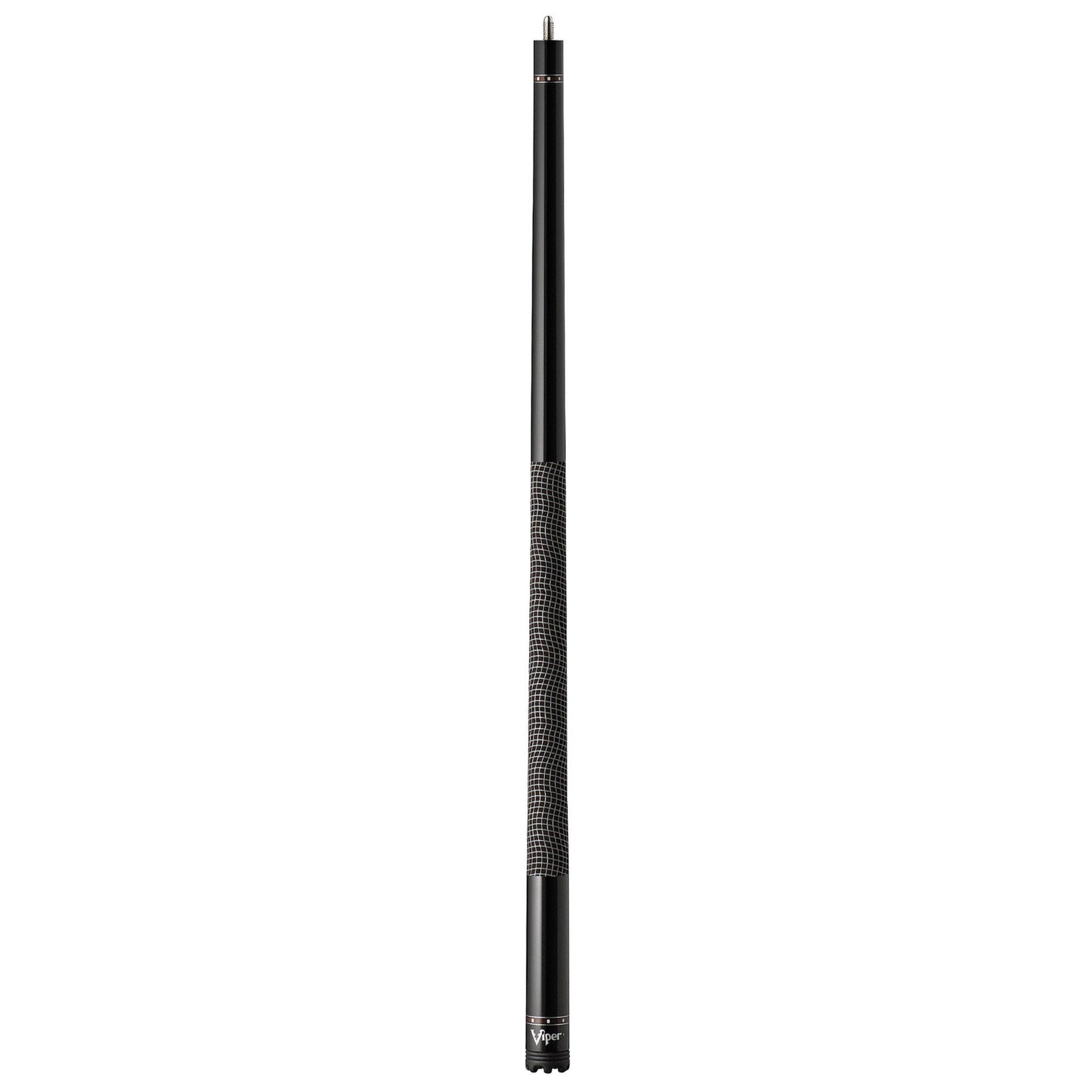Black cue stick with textured grip in middle section and chrome rings near base