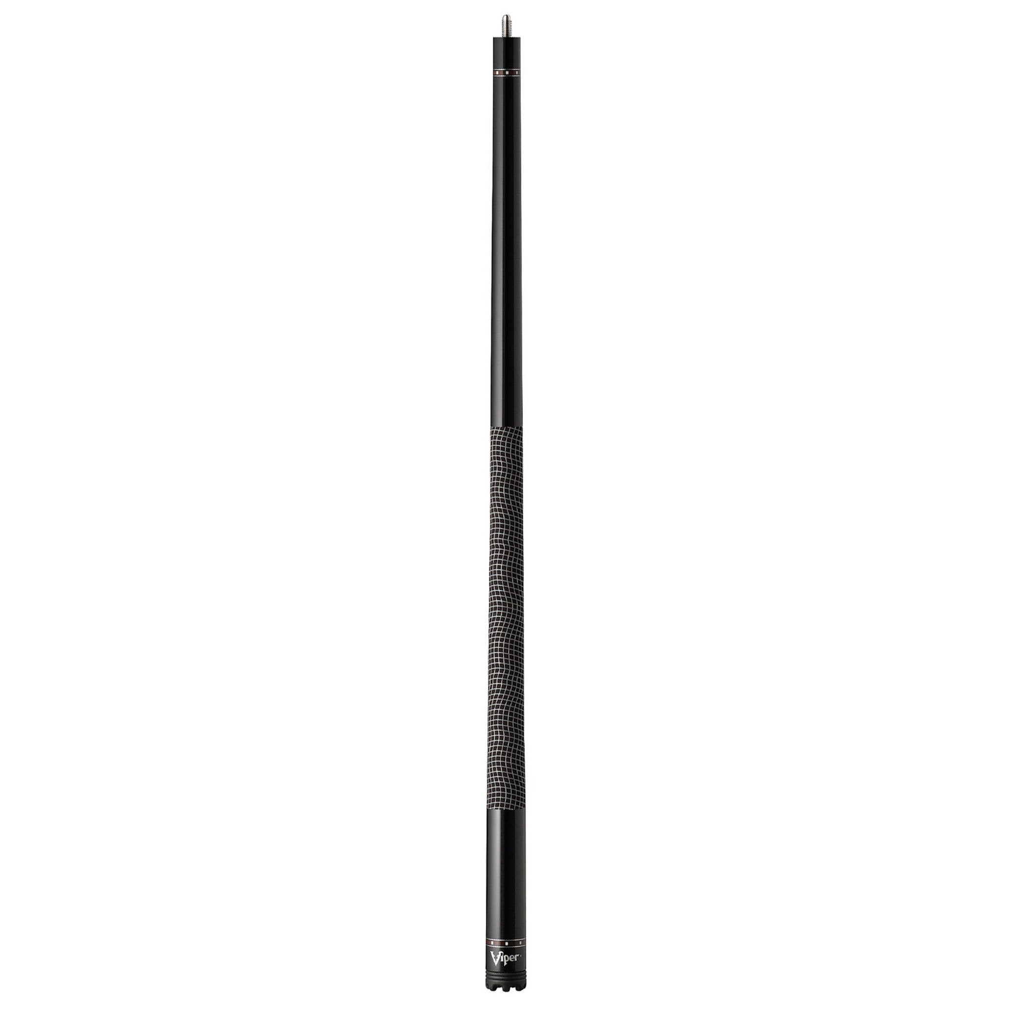 Black cue stick with textured grip in middle section and chrome rings near base