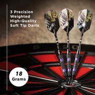 Three soft tip darts with white feathered flights and purple grip bands in a dartboard