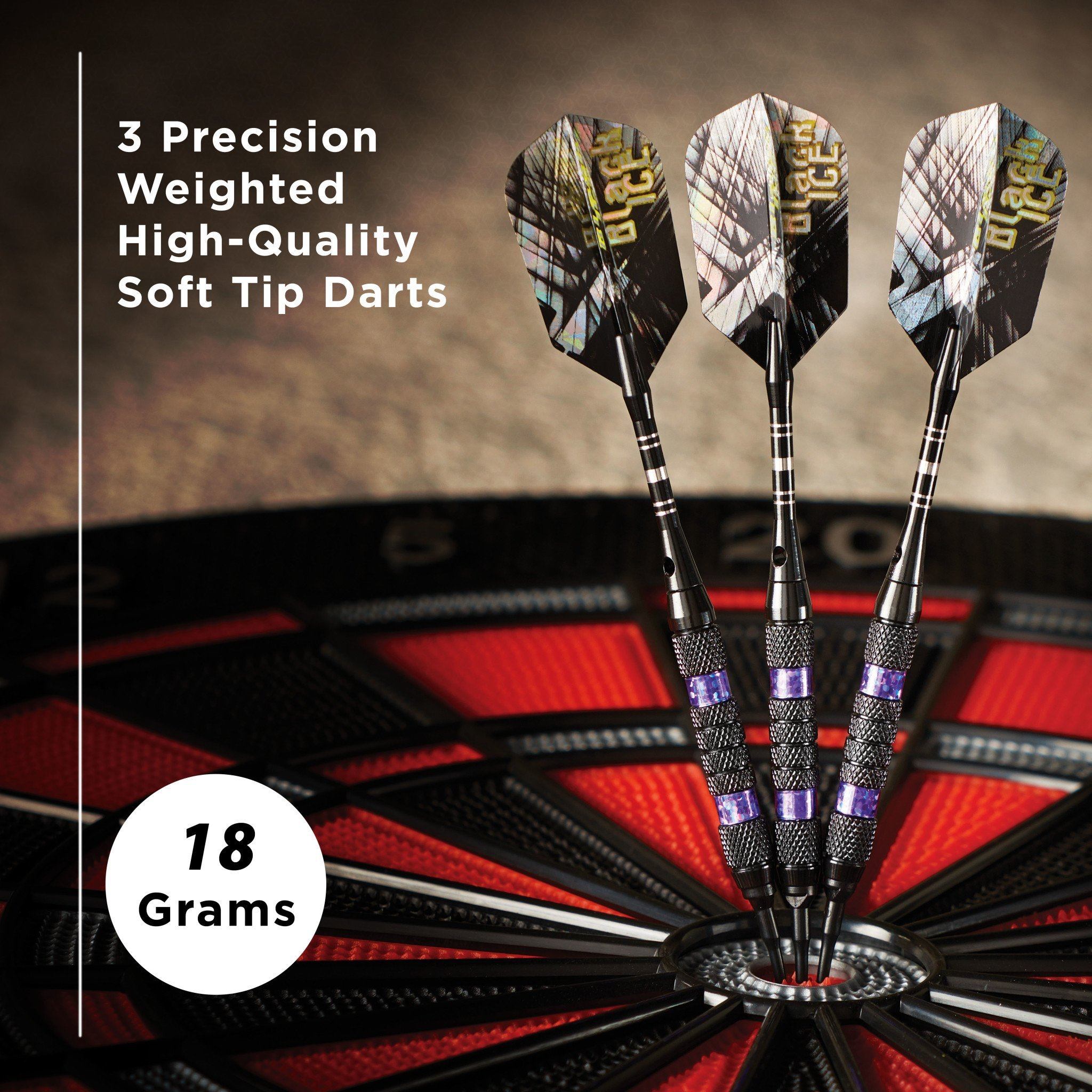 Three soft tip darts with white feathered flights and purple grip bands in a dartboard