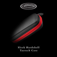 Black hardshell dart case with red zippered side panel and carrying handle against black background