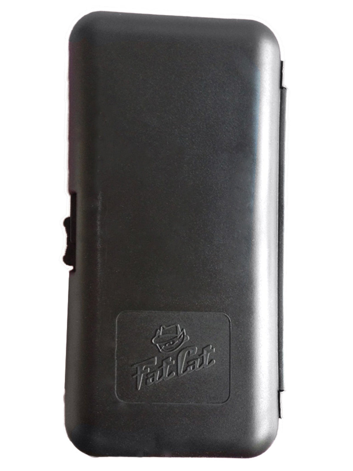 Dark gray hard-shell case with rounded corners and embossed Fat Cat logo on front