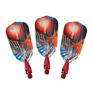 Three red and black dart flights with red aluminum shafts and threaded bases, arranged in a row