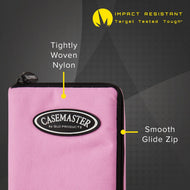 Pink nylon dart case with black trim and Casemaster logo displayed with labeled features