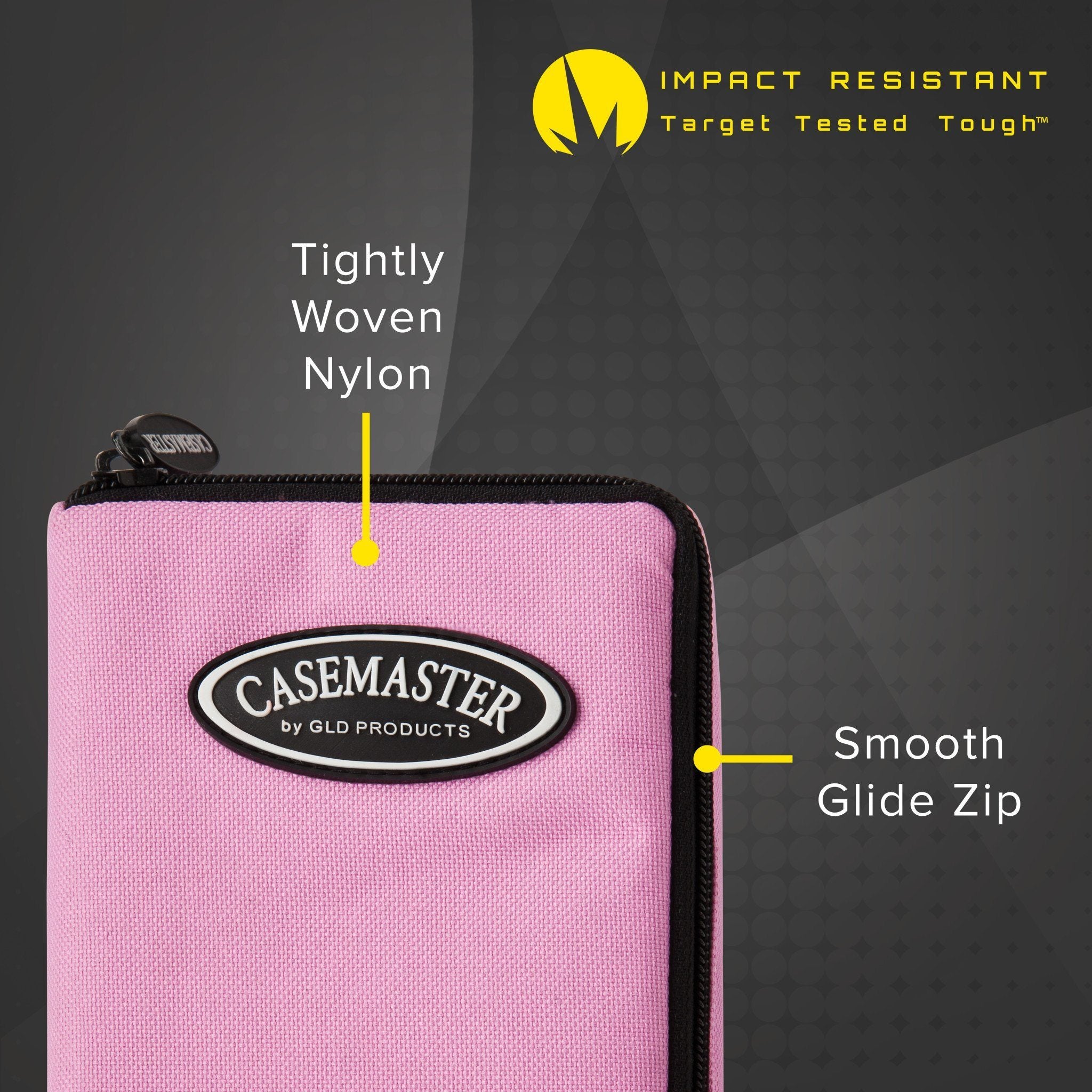 Pink nylon dart case with black trim and Casemaster logo displayed with labeled features