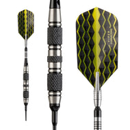 Three darts with yellow and black diamond-patterned flights and metal barrels with knurled grip sections
