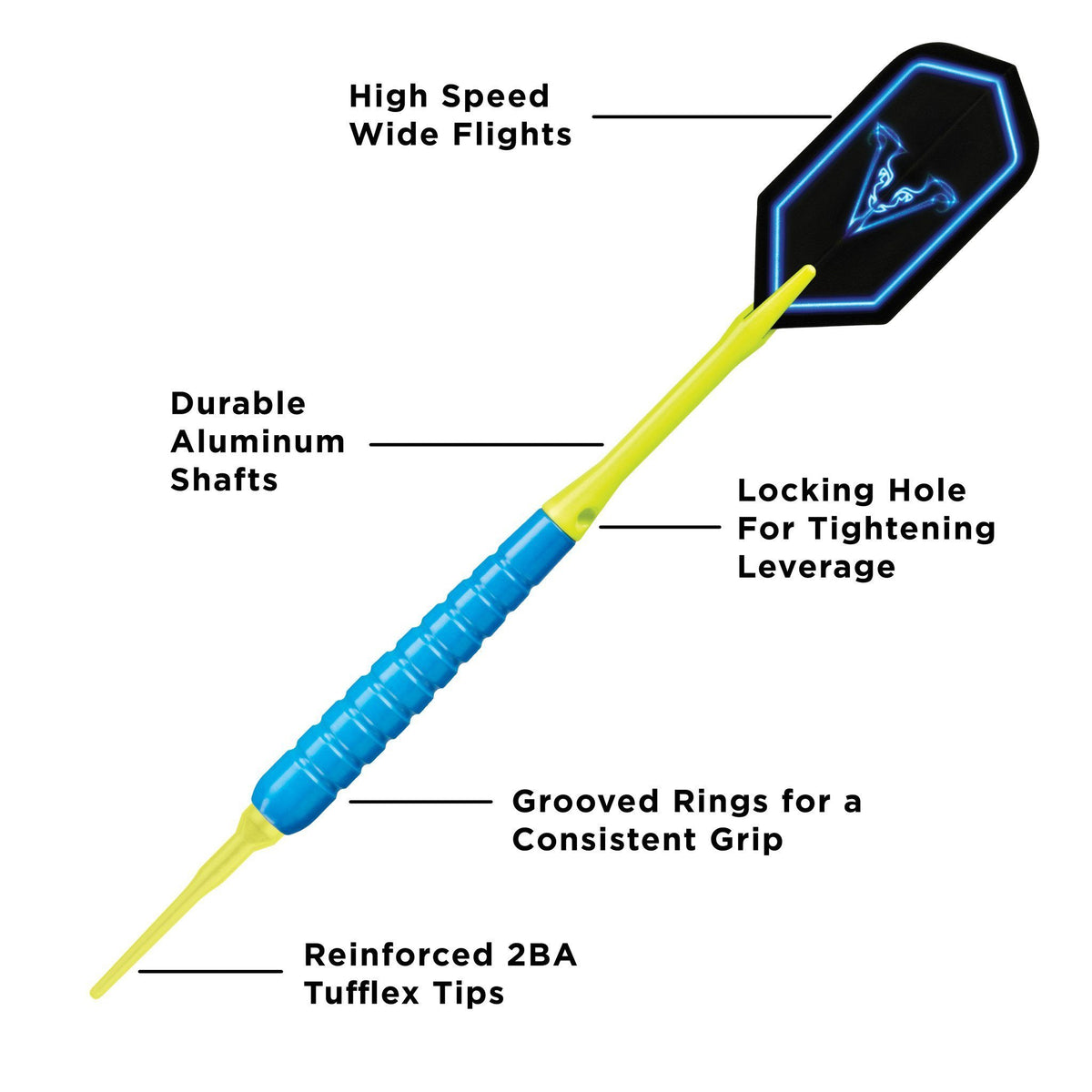 Dart with yellow shaft, blue grip section, and black flight with blue outline design